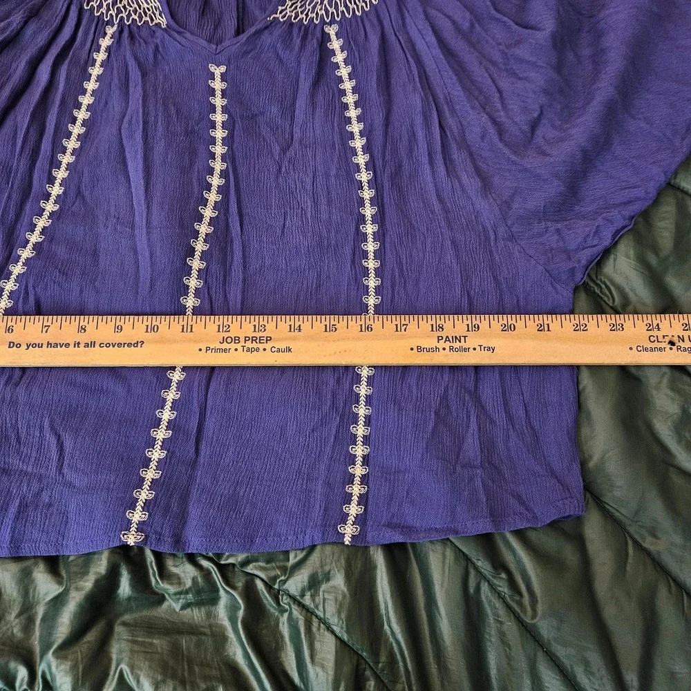 En Creme Women Sz S Blue Peasant Blouse Embroidered Tassel Tie Balloon Sleeve